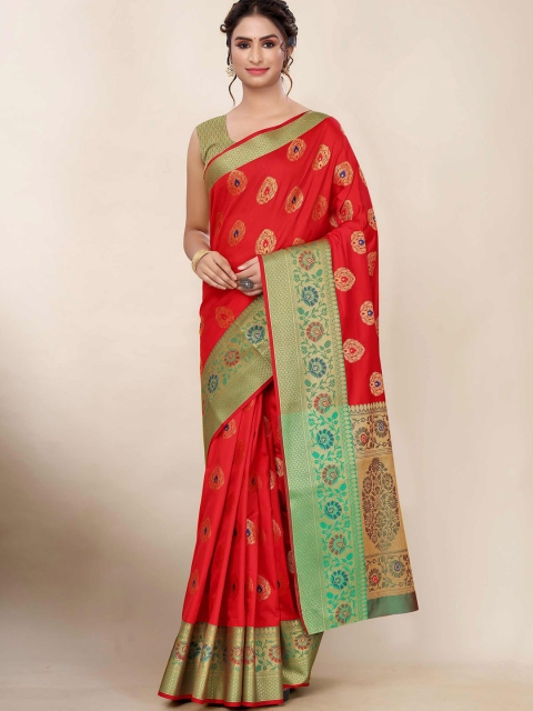 

AADVIKA Red & Green Woven Design Zari Banarasi Saree