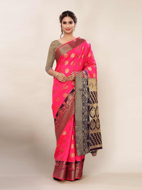 

AADVIKA Pink & Blue Woven Design Zari Banarasi Saree