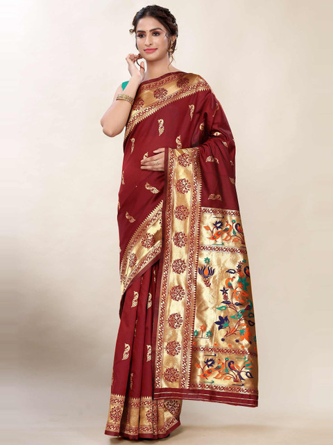 

AADVIKA Maroon & Blue Woven Design Zari Banarasi Saree
