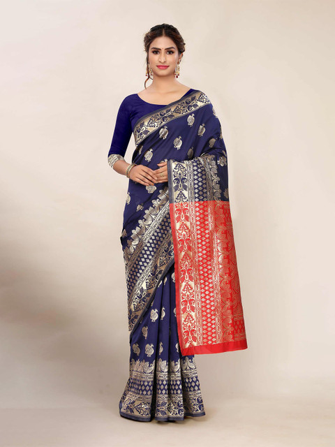 

AADVIKA Navy Blue & Red Woven Design Zari Banarasi Saree