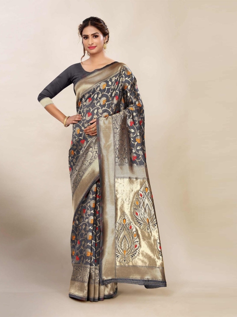 

AADVIKA Grey & Gold-Toned Woven Design Zari Banarasi Saree