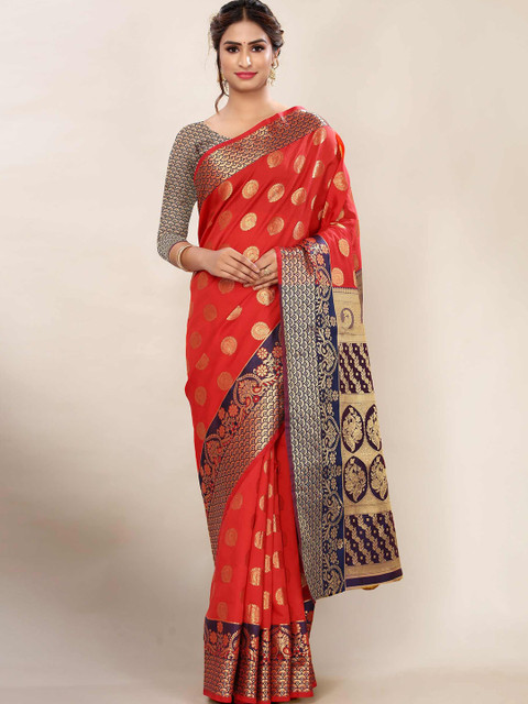 

AADVIKA Red & Gold-Toned Woven Design Zari Banarasi Saree