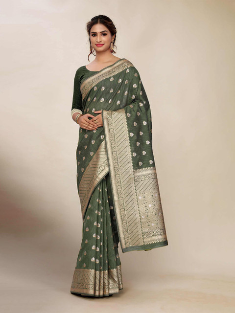 

AADVIKA Green & Gold-Toned Woven Design Zari Banarasi Saree
