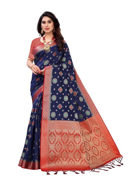 

AADVIKA Navy Blue & Red Woven Design Zari Banarasi Saree