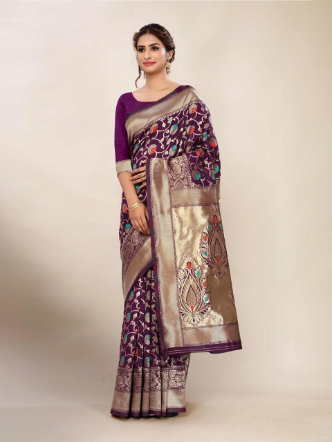 

AADVIKA Purple & Gold-Toned Woven Design Zari Banarasi Saree