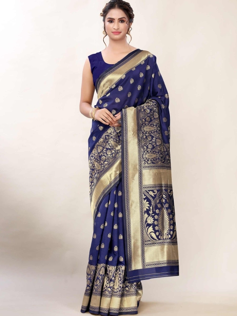 

AADVIKA Navy Blue & Gold-Toned Woven Design Zari Banarasi Saree
