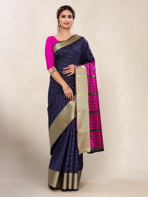 

AADVIKA Navy Blue & Pink Woven Design Zari Banarasi Saree