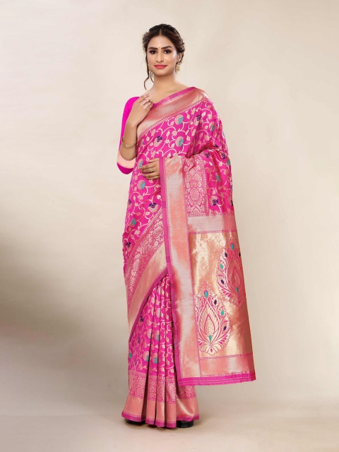 

AADVIKA Pink & Gold-Toned Woven Design Zari Banarasi Saree