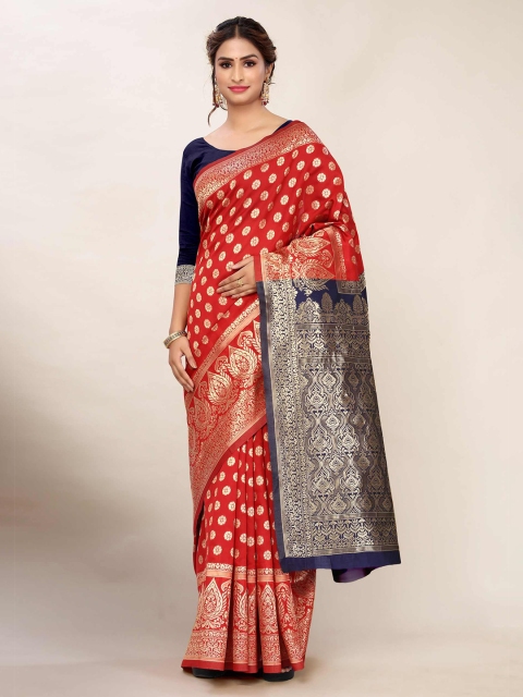 

AADVIKA Red & Blue Woven Design Zari Banarasi Saree