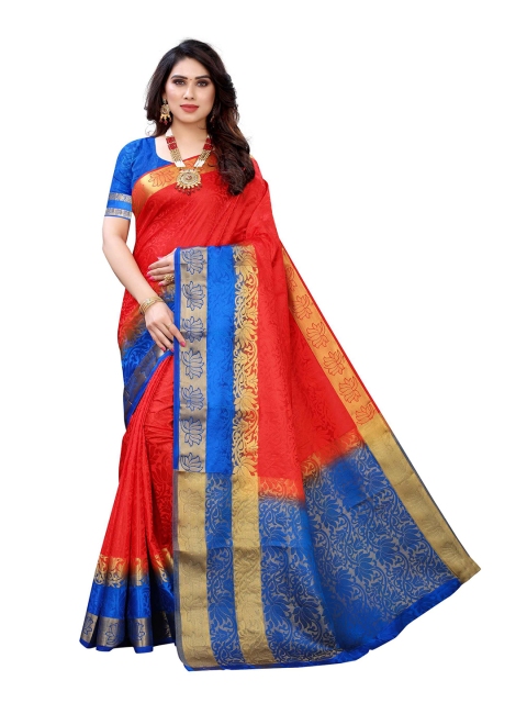 

AADVIKA Red & Blue Woven Design Zari Banarasi Saree