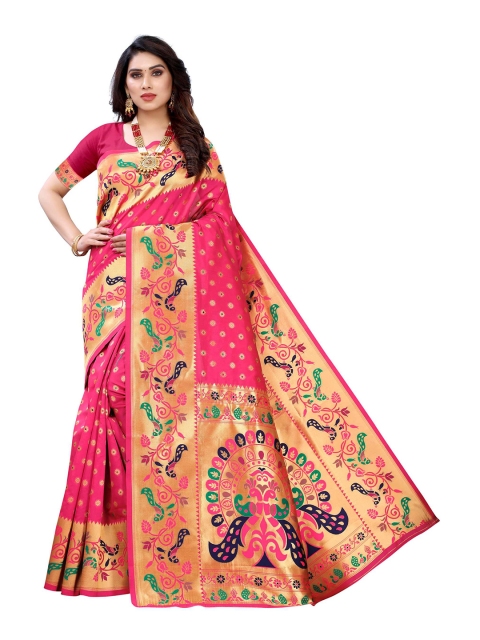 

AADVIKA Pink & Blue Woven Design Banarasi Saree