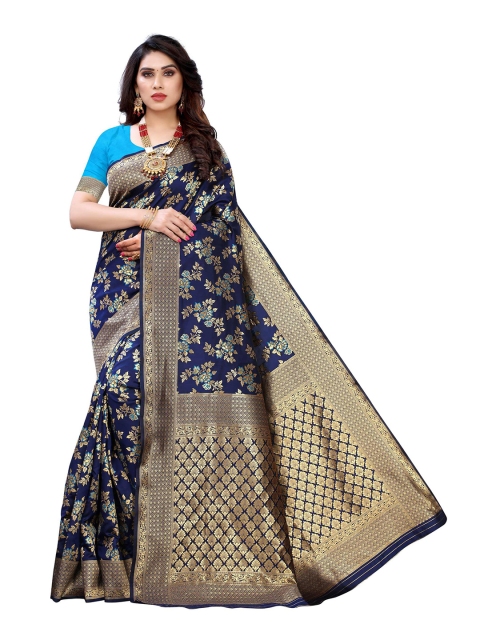 

AADVIKA Navy Blue Woven Design Banarasi Saree