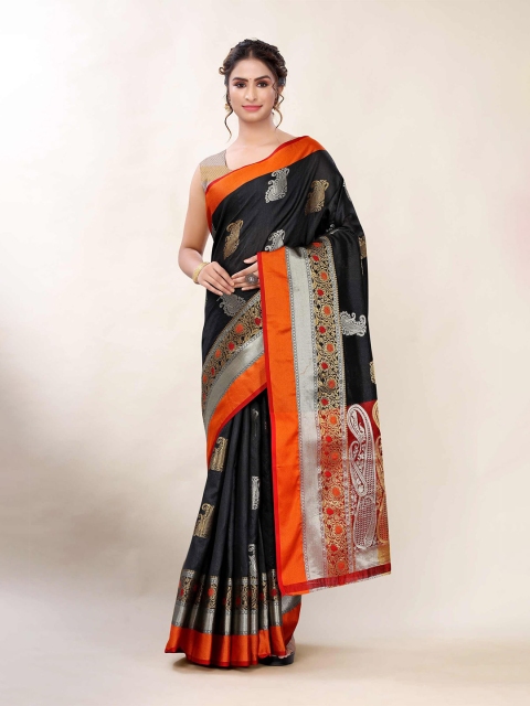

AADVIKA Black & Orange Woven Design Banarasi Saree