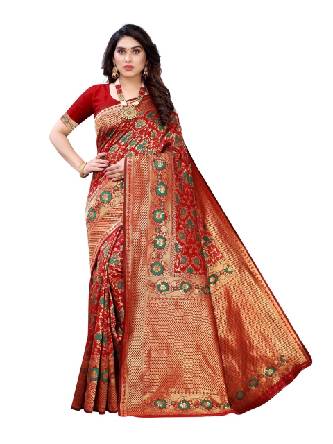 

AADVIKA Red & Blue Woven Design Zari Banarasi Saree