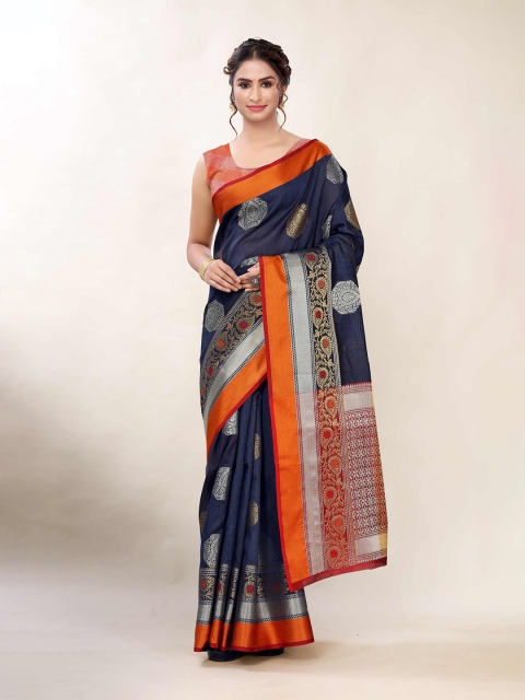 

AADVIKA Blue & Orange Woven Design Banarasi Saree