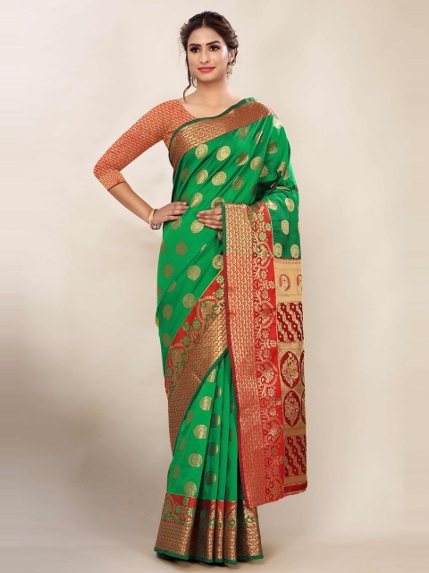 

AADVIKA Green & Red Woven Design Zari Banarasi Saree