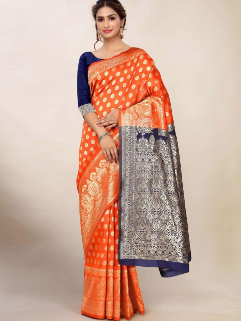 

AADVIKA Orange & Navy Blue Woven Design Banarasi Saree