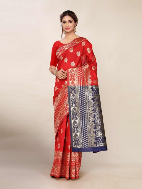 

AADVIKA Red & Blue Woven Design Banarasi Saree
