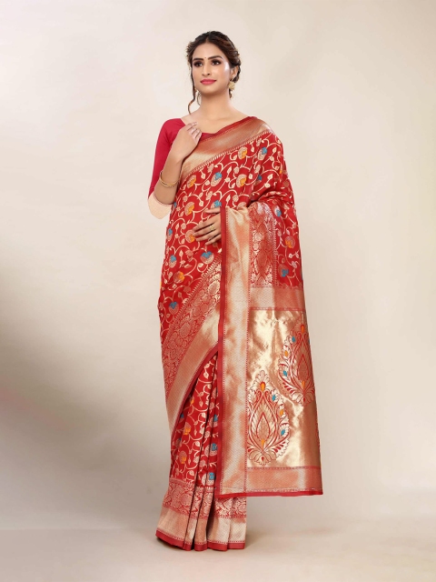 

AADVIKA Red & Blue Woven Design Banarasi Saree