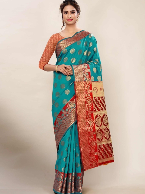 

AADVIKA Green & Red Woven Design Banarasi Saree