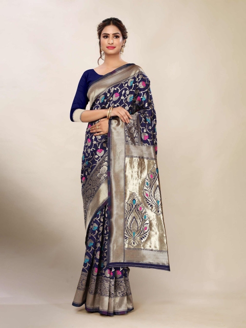 

AADVIKA Navy Blue & Pink Woven Design Banarasi Saree
