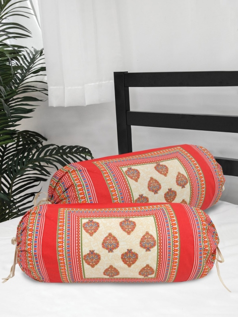 

Clasiko Set Of 2 Red Golden Printed Pure Cotton Bolster Covers, Beige