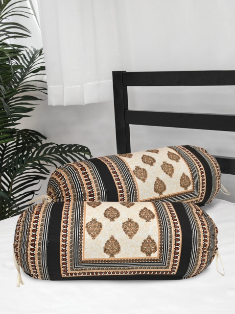 

Clasiko Set Of 2 Beige & Black Printed Pure Cotton 220 TC Bolster Covers