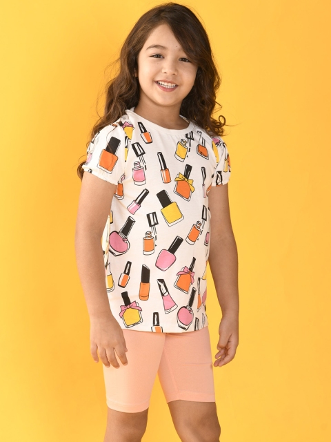 

Anthrilo Girls Peach & Cream-Coloured Printed T-shirt with Shorts