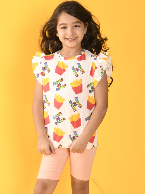

Anthrilo Girls White & Peach-Coloured Printed Cotton Top with Shorts