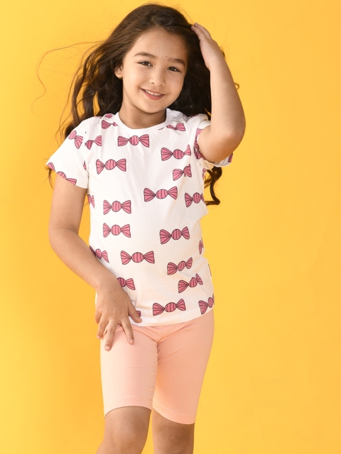 

Anthrilo Girls White & Peach-Coloured Printed T-shirt with Shorts