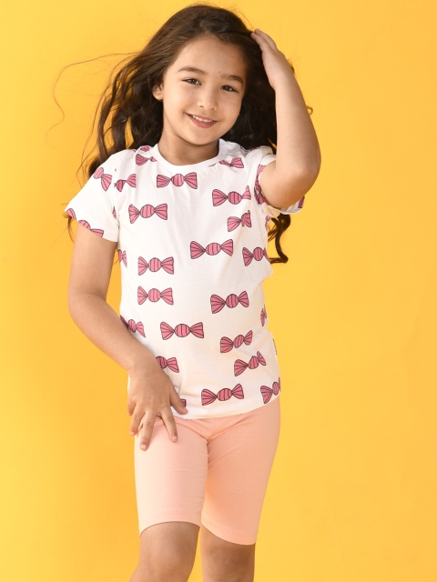 

Anthrilo Kids Girls White & Peach-Coloured Printed T-shirt With Shorts