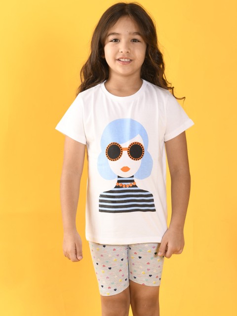 

Anthrilo Girls White & Grey Printed Cotton T-shirt with Shorts