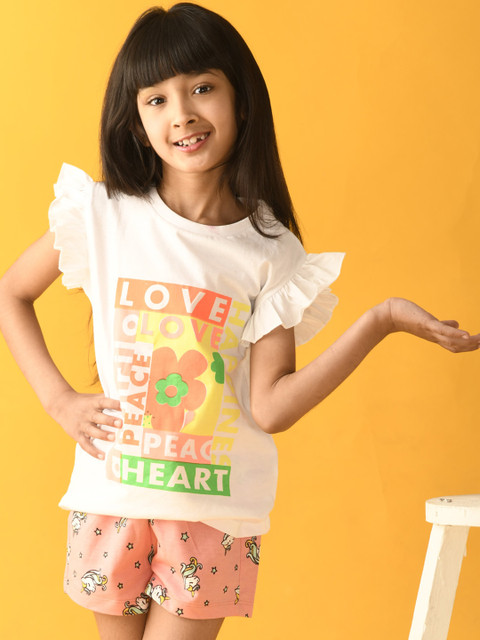 

Anthrilo Girls White & Pink Printed T-shirt with Shorts
