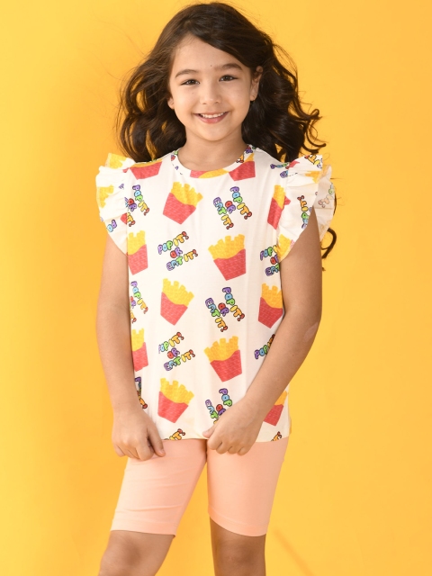 

Anthrilo Girls White & Peach-Coloured Printed Cotton T-shirt with Cycling Shorts