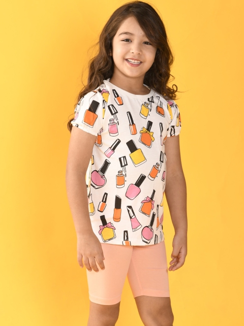 

Anthrilo Girls White & Peach-Coloured Cotton T-shirt with Shorts