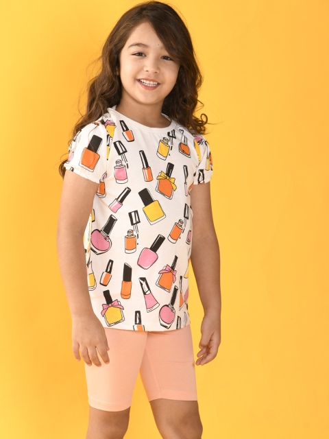 

Anthrilo Girls White & Peach Conversational Printed T-shirt with Shorts
