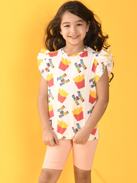 

Anthrilo Girls White & Peach-Coloured Printed T-shirt with Shorts