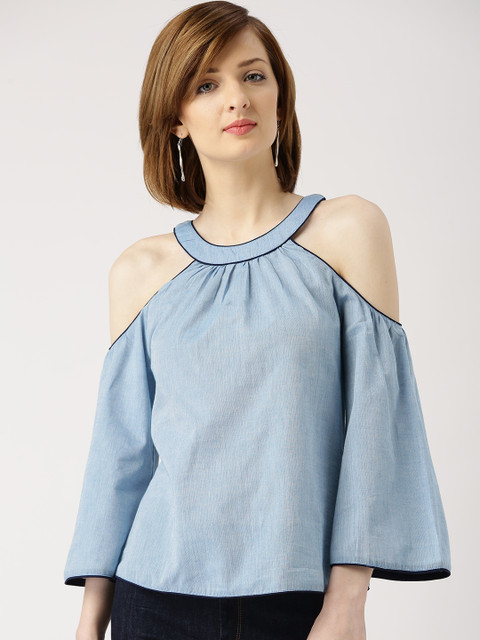 

Marie Claire Women Blue Solid Cold Shoulder Top