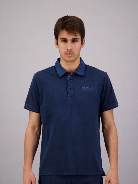 

FREESOUL Men Blue Polo Collar Pure Cotton T-shirt