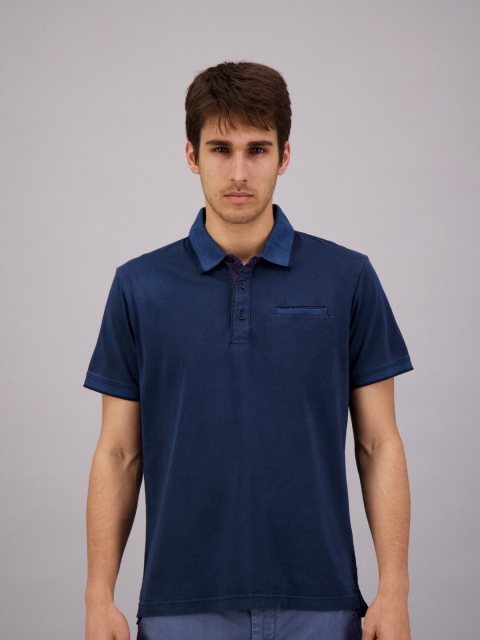 

FREESOUL Men Blue Polo Collar Cotton T-shirt