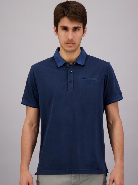 

FREESOUL Men Navy Blue Polo Collar Pure Cotton T-shirt