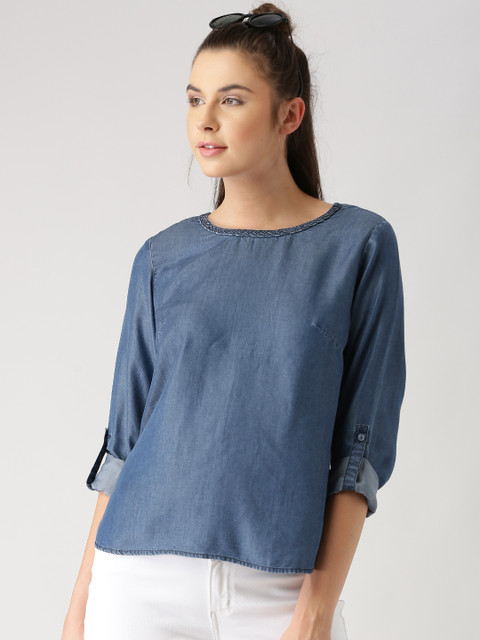 

Marie Claire Women Blue Chambray Pure Cotton Top