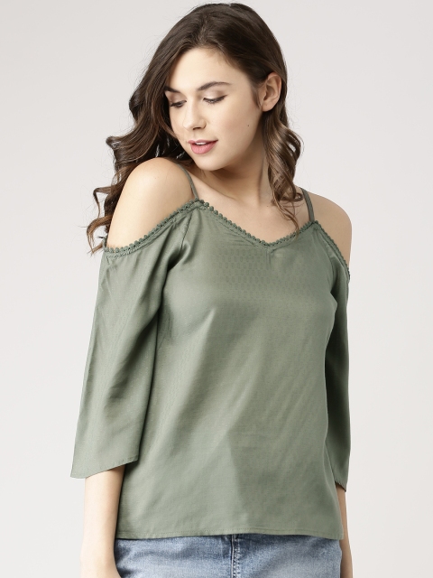 

Marie Claire Women Olive Green Solid Cold Shoulder Top