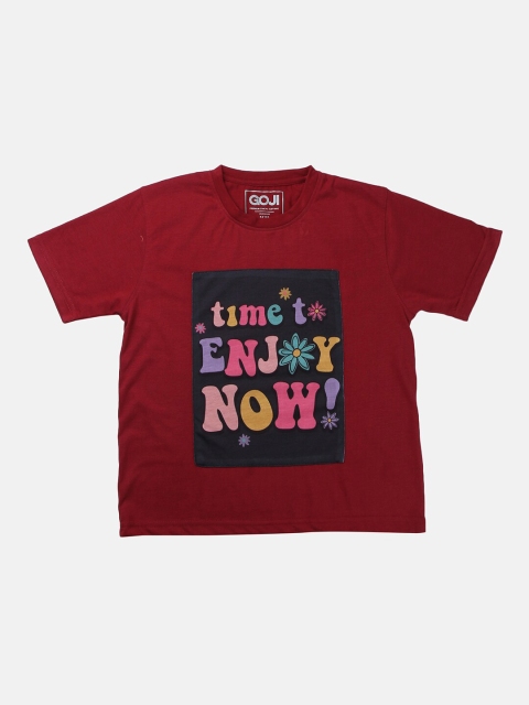 

GOJI Unisex-Kids Maroon & Black Typography Printed T-shirt