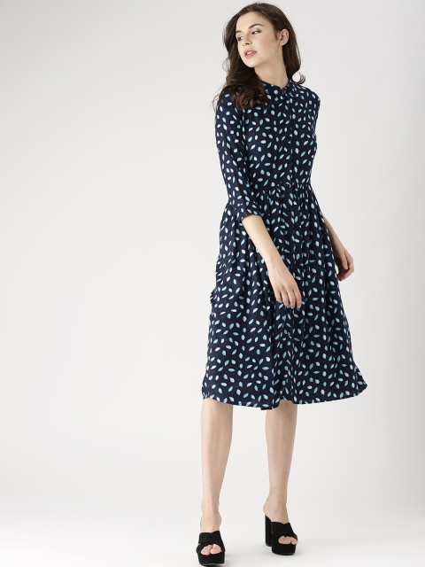 

Marie Claire Women Blue Printed Midi Fit and Flare Dress, Navy blue