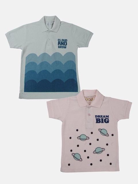 

GOJI Boys Blue & Pink Printed Polo Collar Applique T-shirt