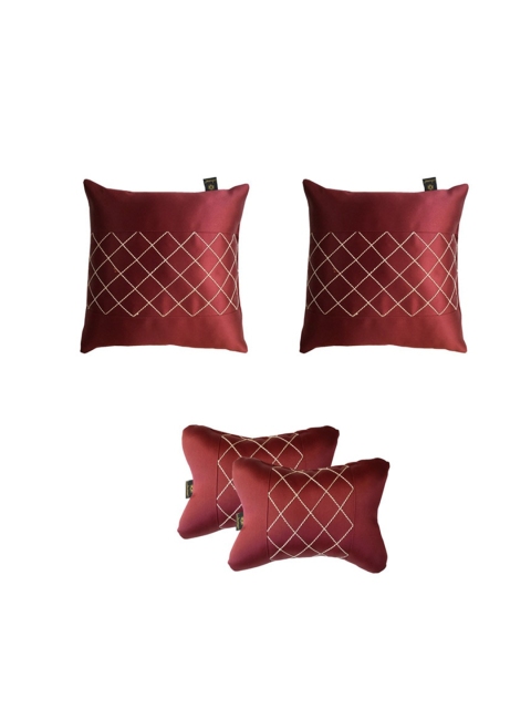 

Lushomes Set Of 4 Maroon & Yellow Embroidered Car Cushions With Neck Pillows