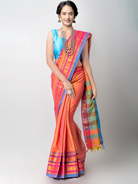 

Unnati Silks Orange & Blue Woven Design Zari Pure Cotton Narayan Peth Saree
