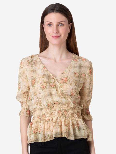 

Modriba Beige Floral Print Georgette Wrap Top