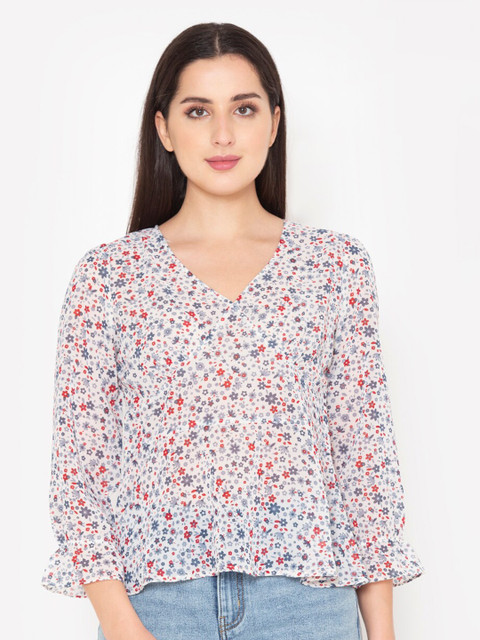 

Modriba Women's Off White Floral Print Georgette Top